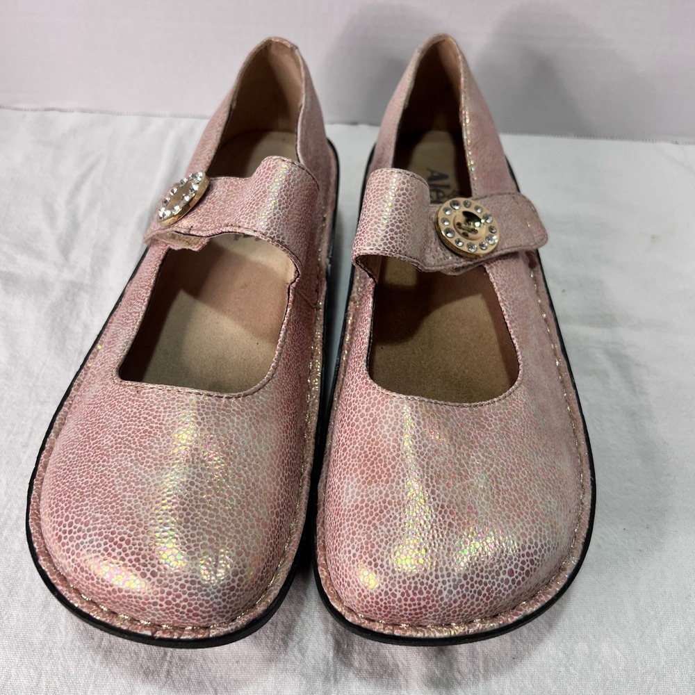 Alegria Paloma Mary Jane Womens 41 Rose Gold Iridescent Leather Jeweled Button